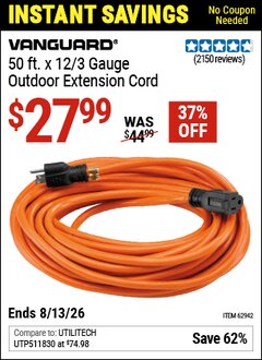 Harbor Freight Coupon VANGUARD 50 FT. X 12/3 GAUGE OUTDOOR EXTENSION CORD, ORANGE Lot No. 62942 Expired: 6/13/26 - $27.99