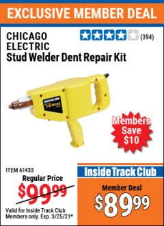 Harbor Freight ITC Coupon STUD WELDER DENT REPAIR KIT Lot No. 61433/98357 Expired: 3/25/21 - $89.99