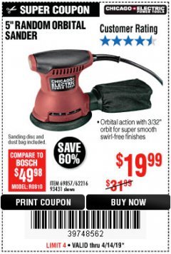 Harbor Freight Coupon 2 AMP 5 IN. RANDOM ORBITAL HEAVY DUTY PALM SANDER Lot No. 62216 Expired: 4/14/19 - $19.99