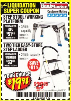 Harbor Freight Coupon HAUL-MASTER 18 IN. STEP STOOL WORKING PLATFORM Lot No. 66911 Expired: 6/30/18 - $19.98