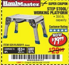 Harbor Freight Coupon HAUL-MASTER 18 IN. STEP STOOL WORKING PLATFORM Lot No. 66911 Expired: 11/3/18 - $19.99