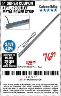 Harbor Freight Coupon 12 OUTLET 4 FT. METAL POWER STRIP Lot No. 96737 Expired: 2/7/20 - $16.99