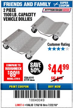 Harbor Freight Coupon 2 PIECE 1500 LB. CAPACITY VEHICLE WHEEL DOLLIES Lot No. 60343/67338 Expired: 7/22/18 - $44.99