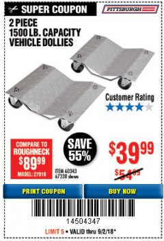 Harbor Freight Coupon 2 PIECE 1500 LB. CAPACITY VEHICLE WHEEL DOLLIES Lot No. 60343/67338 Expired: 9/2/18 - $39.99
