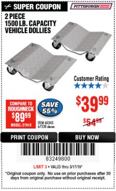 Harbor Freight Coupon 2 PIECE 1500 LB. CAPACITY VEHICLE WHEEL DOLLIES Lot No. 60343/67338 Expired: 3/17/19 - $39.99