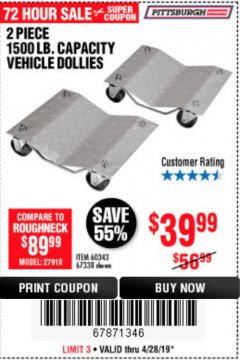 Harbor Freight Coupon 2 PIECE 1500 LB. CAPACITY VEHICLE WHEEL DOLLIES Lot No. 60343/67338 Expired: 4/28/19 - $39.99