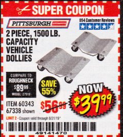 Harbor Freight Coupon 2 PIECE 1500 LB. CAPACITY VEHICLE WHEEL DOLLIES Lot No. 60343/67338 Expired: 8/31/19 - $39.99