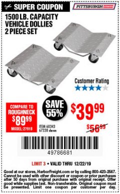 Harbor Freight Coupon 2 PIECE 1500 LB. CAPACITY VEHICLE WHEEL DOLLIES Lot No. 60343/67338 Expired: 12/22/19 - $39.99