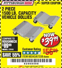 Harbor Freight Coupon 2 PIECE 1500 LB. CAPACITY VEHICLE WHEEL DOLLIES Lot No. 60343/67338 Expired: 1/27/20 - $39.99