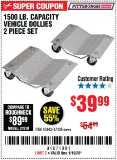 Harbor Freight Coupon 2 PIECE 1500 LB. CAPACITY VEHICLE WHEEL DOLLIES Lot No. 60343/67338 Expired: 1/19/20 - $39.99