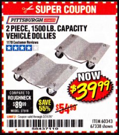 Harbor Freight Coupon 2 PIECE 1500 LB. CAPACITY VEHICLE WHEEL DOLLIES Lot No. 60343/67338 Expired: 3/31/20 - $39.99