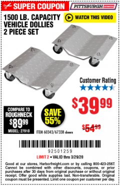 Harbor Freight Coupon 2 PIECE 1500 LB. CAPACITY VEHICLE WHEEL DOLLIES Lot No. 60343/67338 Expired: 3/29/20 - $39.99