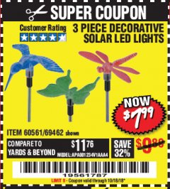 Harbor Freight Coupon 3 PIECE SOLAR DECORATIVE LED LIGHTS Lot No. 60561/69462/95588 Expired: 10/18/18 - $7.99