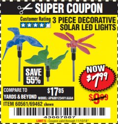 Harbor Freight Coupon 3 PIECE SOLAR DECORATIVE LED LIGHTS Lot No. 60561/69462/95588 Expired: 11/10/18 - $7.99