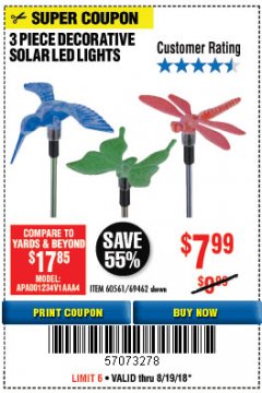 Harbor Freight Coupon 3 PIECE SOLAR DECORATIVE LED LIGHTS Lot No. 60561/69462/95588 Expired: 8/19/18 - $7.99