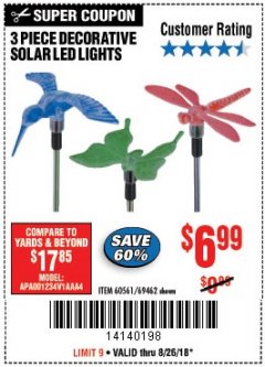 Harbor Freight Coupon 3 PIECE SOLAR DECORATIVE LED LIGHTS Lot No. 60561/69462/95588 Expired: 8/26/18 - $6.99