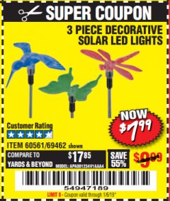 Harbor Freight Coupon 3 PIECE SOLAR DECORATIVE LED LIGHTS Lot No. 60561/69462/95588 Expired: 1/6/19 - $7.99
