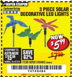 Harbor Freight Coupon 3 PIECE SOLAR DECORATIVE LED LIGHTS Lot No. 60561/69462/95588 Expired: 6/28/20 - $5.99