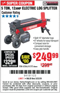 Harbor Freight Coupon 5 TON ELECTRIC LOG SPLITTER Lot No. 61373 Expired: 3/22/20 - $249.99