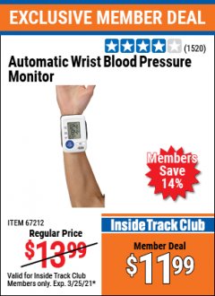 Harbor Freight ITC Coupon AUTOMATIC WRIST BLOOD PRESSURE MONITOR Lot No. 67212/62220 Expired: 3/25/21 - $11.99