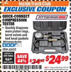 Harbor Freight ITC Coupon QUICK CONNECT COMPRESSION TESTER Lot No. 62622/95187 Expired: 12/31/19 - $24.99