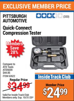 Harbor Freight ITC Coupon QUICK CONNECT COMPRESSION TESTER Lot No. 62622/95187 Expired: 10/31/20 - $24.99
