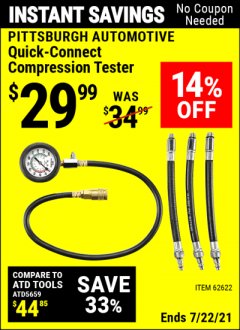 Harbor Freight Coupon QUICK CONNECT COMPRESSION TESTER Lot No. 62622/95187 Expired: 7/22/21 - $29.99