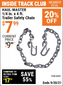 Harbor Freight ITC Coupon HAUL-MASTER 1/4 IN. X 4 FT. TRAILER SAFETY CHAIN Lot No. 64507 Expired: 9/30/21 - $7.99