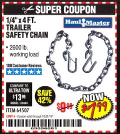 Harbor Freight Coupon 1/4" X 4 FT. TRAILER SAFETY CHAIN Lot No. 64507 Expired: 10/31/19 - $7.99