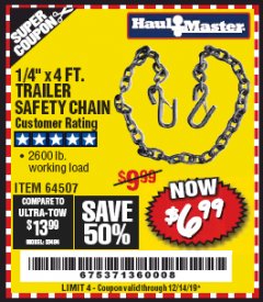 Harbor Freight Coupon HAUL-MASTER 1/4 IN. X 4 FT. TRAILER SAFETY CHAIN Lot No. 64507 Expired: 12/14/19 - $6.99