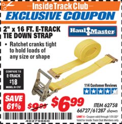 Harbor Freight ITC Coupon 2" X 16 FT. E-TRACK TIE DOWN STRAP Lot No. 62758/61287/66727 Expired: 1/31/20 - $6.99
