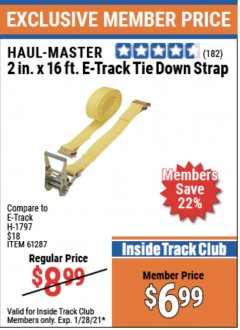 Harbor Freight ITC Coupon 2" X 16 FT. E-TRACK TIE DOWN STRAP Lot No. 62758/61287/66727 Expired: 1/28/21 - $6.99