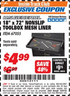 Harbor Freight ITC Coupon 18" x 72" NONSLIP TOOLBOX MESH LINER Lot No. 67055 Expired: 12/31/18 - $4.99