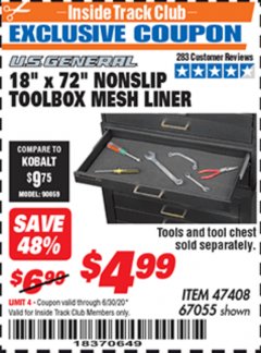 Harbor Freight ITC Coupon 18" x 72" NONSLIP TOOLBOX MESH LINER Lot No. 67055 Expired: 6/30/20 - $4.99
