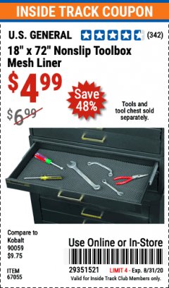 Harbor Freight ITC Coupon 18" x 72" NONSLIP TOOLBOX MESH LINER Lot No. 67055 Expired: 8/31/20 - $4.99