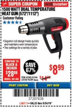 Harbor Freight Coupon 1500 WATT DUAL TEMPERATURE HEAT GUN (572/1112) Lot No. 96289/62340/62546/63104 Expired: 6/24/18 - $8.99