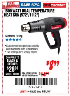 Harbor Freight Coupon 1500 WATT DUAL TEMPERATURE HEAT GUN (572/1112) Lot No. 96289/62340/62546/63104 Expired: 1/31/19 - $8.99