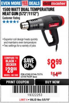 Harbor Freight Coupon 1500 WATT DUAL TEMPERATURE HEAT GUN (572/1112) Lot No. 96289/62340/62546/63104 Expired: 5/5/19 - $8.99