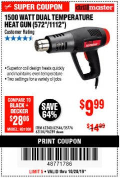 Harbor Freight Coupon 1500 WATT DUAL TEMPERATURE HEAT GUN (572/1112) Lot No. 96289/62340/62546/63104 Expired: 10/20/19 - $9.99