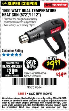 Harbor Freight Coupon 1500 WATT DUAL TEMPERATURE HEAT GUN (572/1112) Lot No. 96289/62340/62546/63104 Expired: 11/30/19 - $9.99