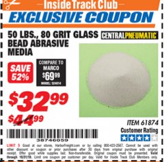 Harbor Freight ITC Coupon 50 LBS. GLASS BEAD 80 GRIT ABRASIVE MEDIA Lot No. 30972/61874 Expired: 10/31/18 - $32.99