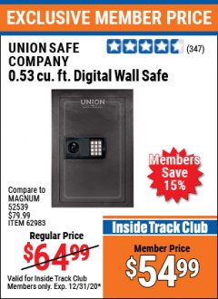 Harbor Freight ITC Coupon 0.53 CUBIC FT. DIGITAL WALL SAFE Lot No. 62983/97081 Expired: 12/31/20 - $54.99