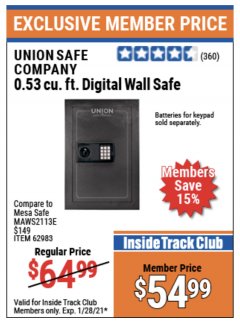 Harbor Freight ITC Coupon 0.53 CUBIC FT. DIGITAL WALL SAFE Lot No. 62983/97081 Expired: 1/28/21 - $54.99