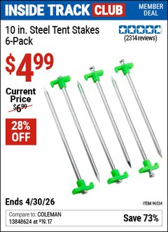 Harbor Freight Coupon 10 IN. STEEL TENT STAKES, 6-PACK Lot No. 96534 Valid: 12/31/69 - 4/30/26 - $4.99