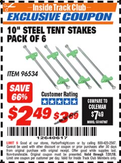 Harbor Freight ITC Coupon 10 IN. STEEL TENT STAKES, 6-PACK Lot No. 96534 Expired: 7/31/18 - $2.49