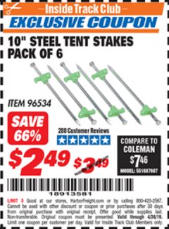 Harbor Freight ITC Coupon 10 IN. STEEL TENT STAKES, 6-PACK Lot No. 96534 Expired: 4/30/19 - $2.49