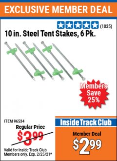 Harbor Freight ITC Coupon 10" STEEL TENT STAKES PACK OF 6 Lot No. 96534 Expired: 2/25/21 - $2.99