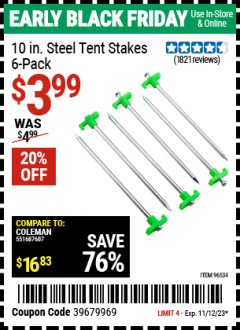 Harbor Freight ITC Coupon 10 IN. STEEL TENT STAKES, 6-PACK Lot No. 96534 Expired: 11/12/23 - $3.99