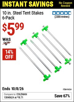 Harbor Freight Coupon 10 IN. STEEL TENT STAKES, 6-PACK Lot No. 96534 Valid Thru: 10/8/26 - $5.99