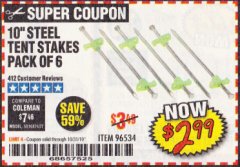 Harbor Freight Coupon 10" STEEL TENT STAKES PACK OF 6 Lot No. 96534 Expired: 10/31/19 - $2.99